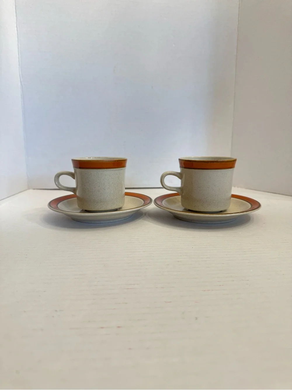 2 Sets of Sears Sahara Orange Flat Cup & Saucer Discontinued Stoneware Japan